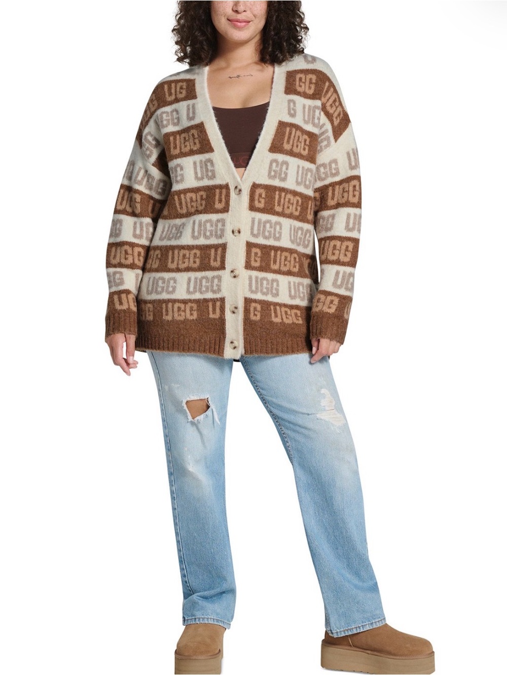 UGG Brown & Cream Branded Knit Button-Front Cardigan medium